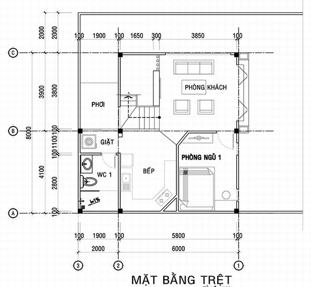 Bản vẻ chi tiết mặt bằng trệt mẫu thiết kế nhà vuông 8x9m