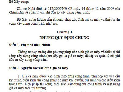 TT 06/ 2010/TT - BXD có phụ lục dữ liệu cơ sở xác định giá ca máy và thiết bị thi công