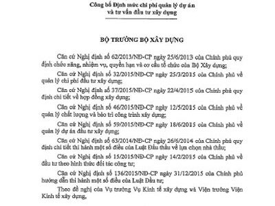 QĐ 79/QĐ-BXD Công bố định mức chi phí quản lý dự án và tư vấn đầu tư xây dựng