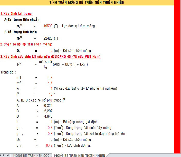 Bảng tính phần móng bè trên nền cọc và trên nền thiên nhiên