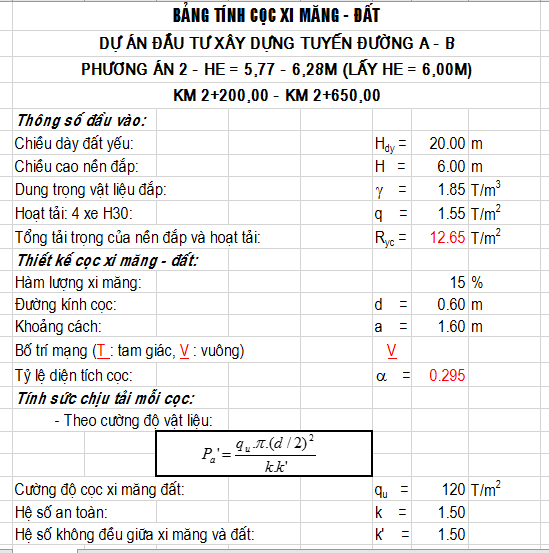 Bảng tính cọc Xi măng - Đất