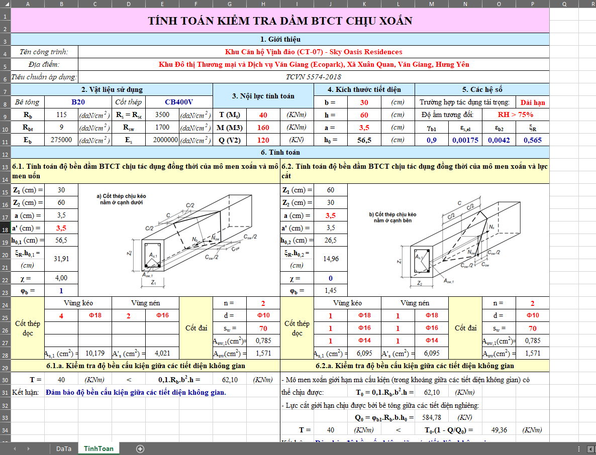 BẢNG TÍNH KIỂM TRA DẦM CHỊU XOẮN THEO TCVN 5574:2018