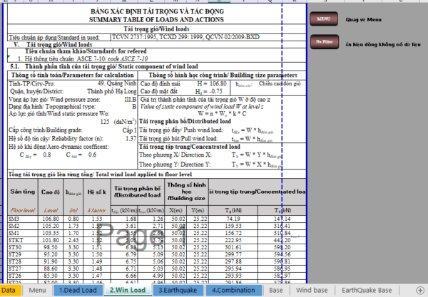BẢNG TÍNH TẢI TRỌNG TĨNH TẢI, GIÓ, ĐỘNG ĐẤT TRÊN NỀN EXCEL KHÁ HAY