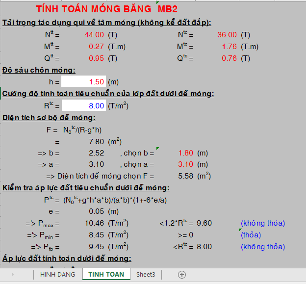 File excel tính toán móng băng